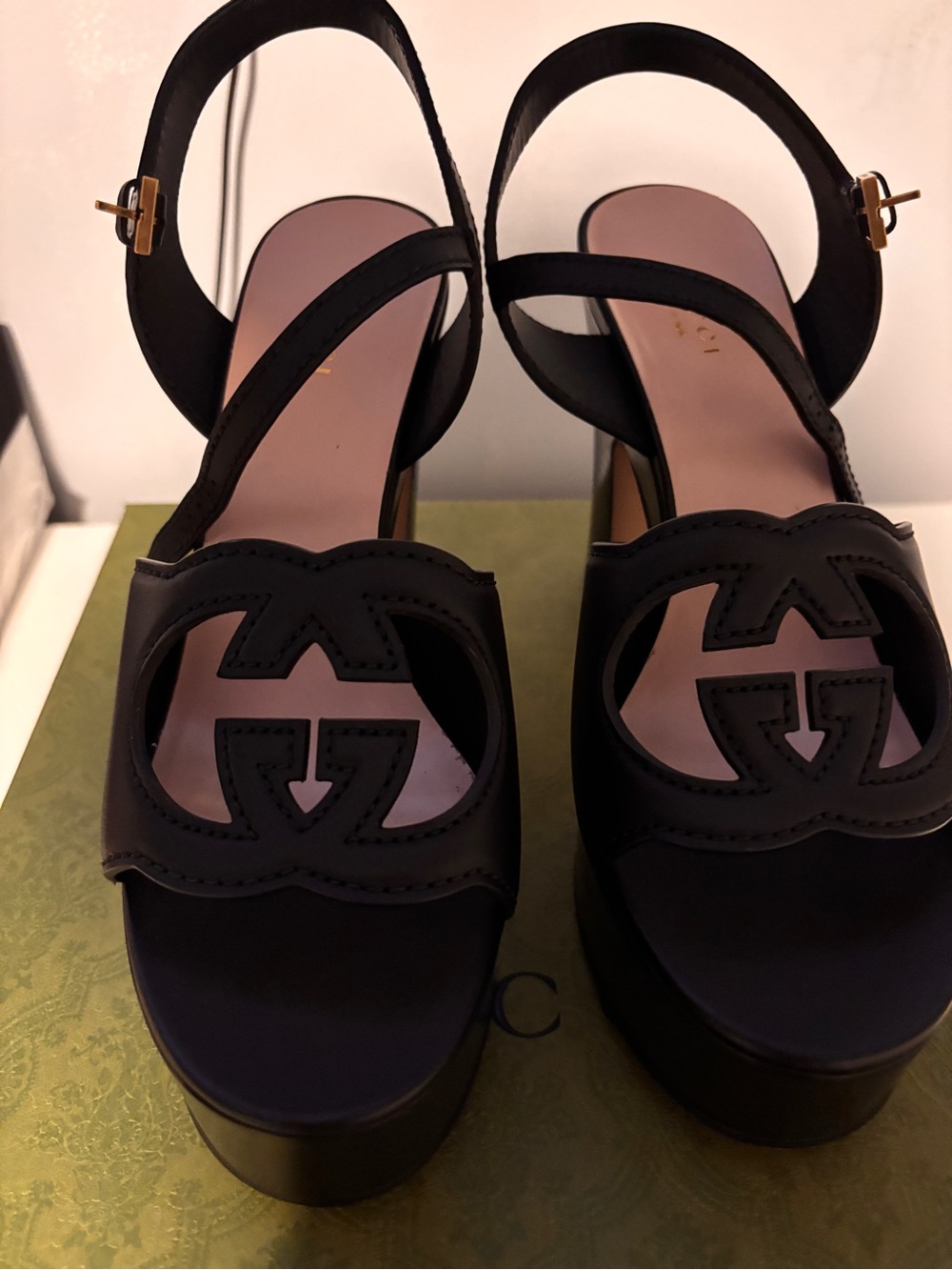 Gucci Black Leather Platform Sandals with GG Cutout